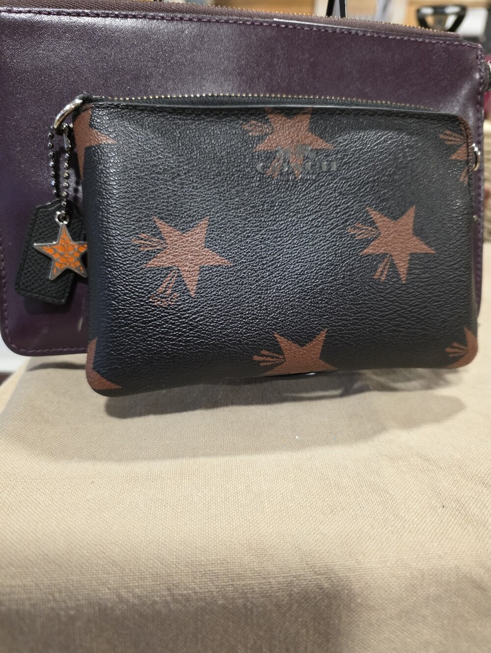 Coach Leather Star Print Wristlet Pouch - Black & Brown With 2 Extra Metal Charm